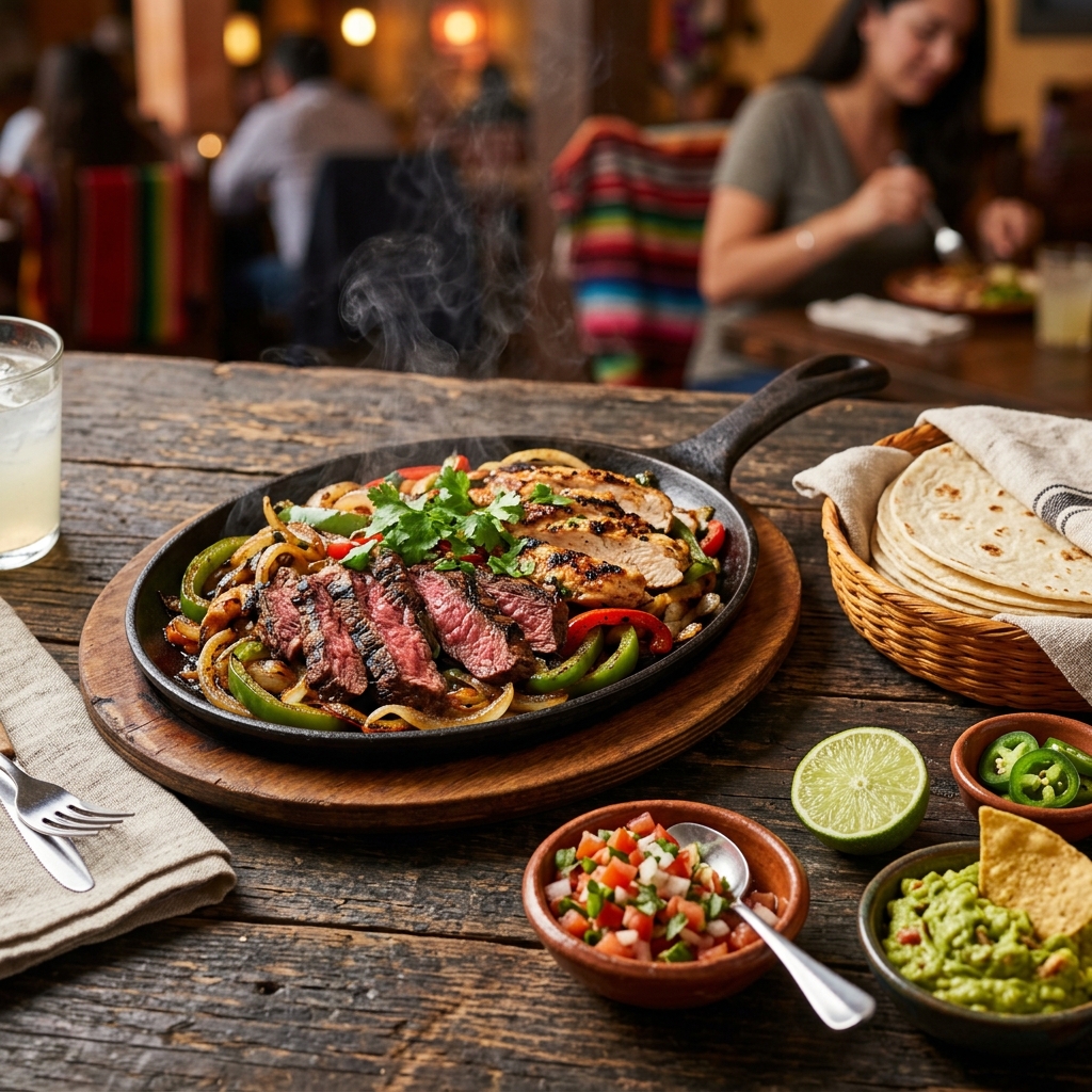 Sizzling La Playa Fajitas served on a hot skillet with grilled onions